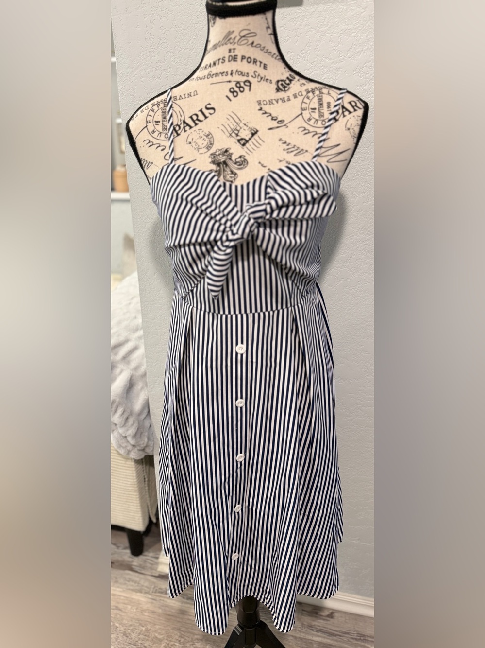 Maacie Maternity Dress-Medium Blue White Stripe Bow Front Midi - Picture 2 of 7